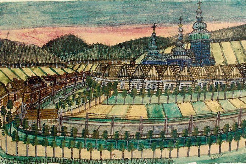 Pejzaż górski ze stacją kolejową - obraz, pastel